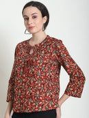 Brown Floral Printed Tie-Up Neck Pure Cotton Top