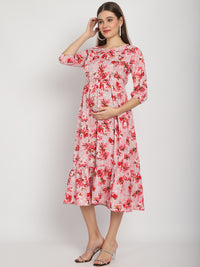 Peach Abstract Printed Fit and Flare Maternity Midi Dress