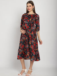 Black Abstract Printed Fit and Flare Maternity Midi Dress