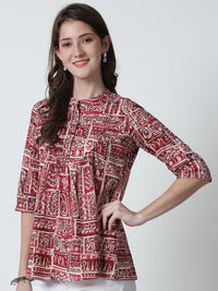 Maroon Ethnic Motifs Printed Mandarin Collar Pure Cotton Top