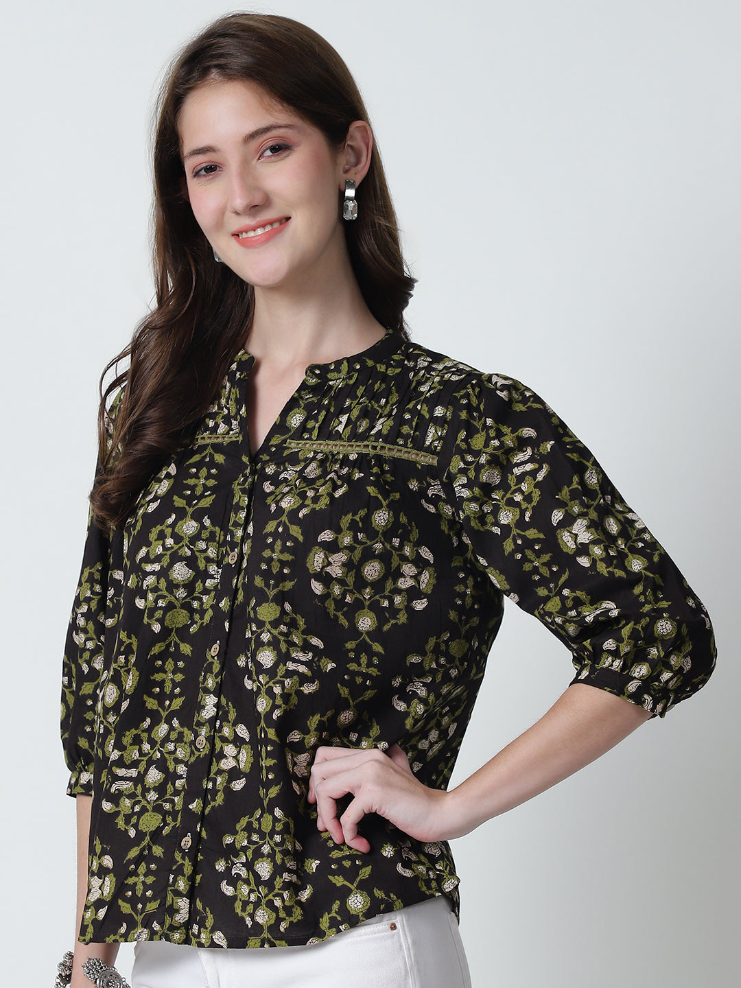 Brown Floral Printed Mandarin Collar Pure Cotton Top