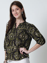 Brown Floral Printed Mandarin Collar Pure Cotton Top