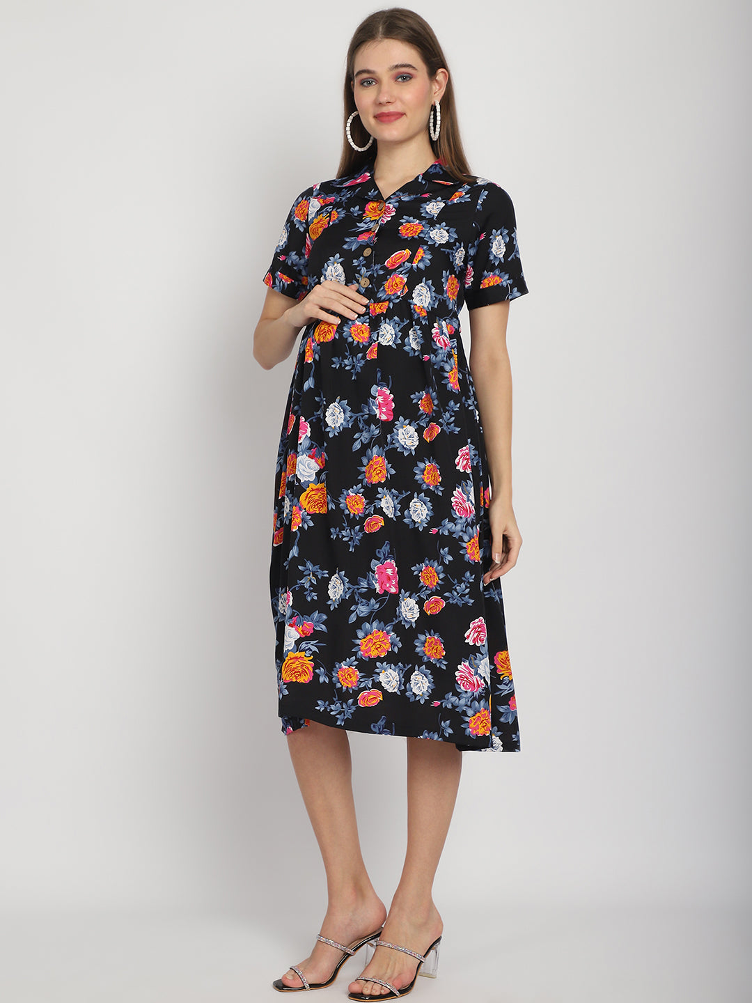 Black Abstract Printed Fit and Flare Maternity Midi Dress