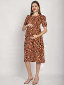 Orange Animal Printed Fit and Flare Maternity Midi Dress