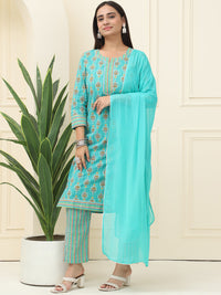 Turquoise Blue Floral Printed Pure Cotton Kurta With Trousers & Chiffon Dupatta