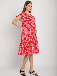 Red Floral Printed Fit and Flare Maternity Midi Dress