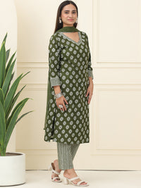 Green Floral Printed Pure Cotton Kurta With Trousers & Chiffon Dupatta