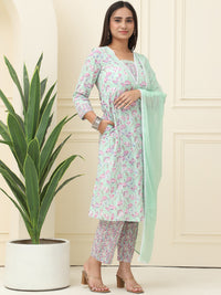 Multi Floral Printed Pure Cotton Kurta With Trousers & Chiffon Dupatta