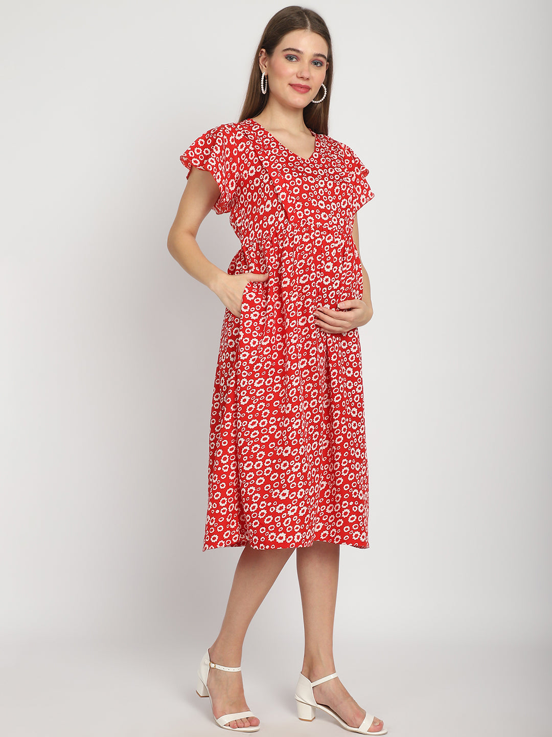 Red Micro Printed Fit and Flare Maternity Midi Dress