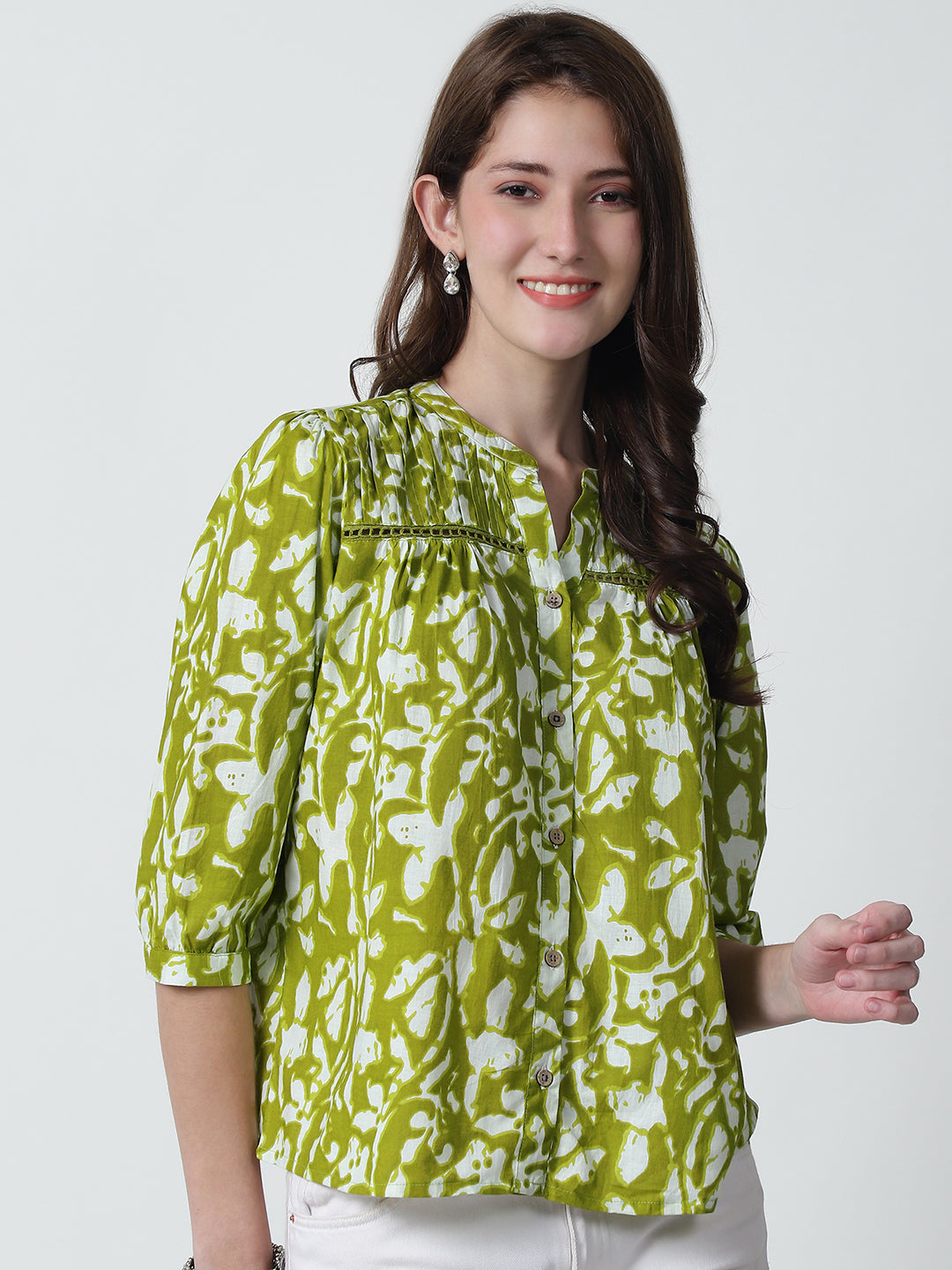 Lime Green Floral Printed Mandarin Collar Pure Cotton Top