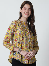 Multi Ethnic Motifs Printed Mandarin Collar Pure Cotton Top