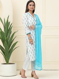 Blue Floral Printed Pure Cotton Kurta With Trousers & Chiffon Dupatta