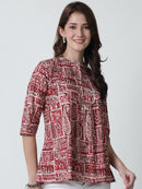 Maroon Ethnic Motifs Printed Mandarin Collar Pure Cotton Top