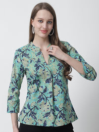 Turquoise Blue Floral Printed Mandarin Collar Pure Cotton Top