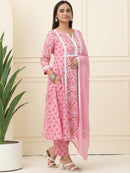 Pink Floral Printed Pure Cotton Kurta With Trousers & Chiffon Dupatta