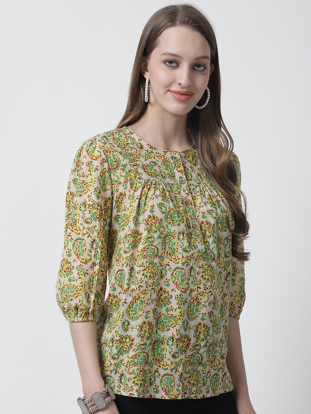 Lime Green Floral Printed Mandarin Collar Pure Cotton Top