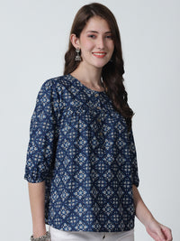 Navy Blue Floral Printed Round Neck Pure Cotton Top