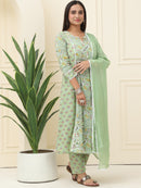 Green Floral Printed Pure Cotton Kurta With Trousers & Chiffon Dupatta