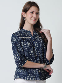 Navy Blue Floral Printed Mandarin Collar Pure Cotton Top