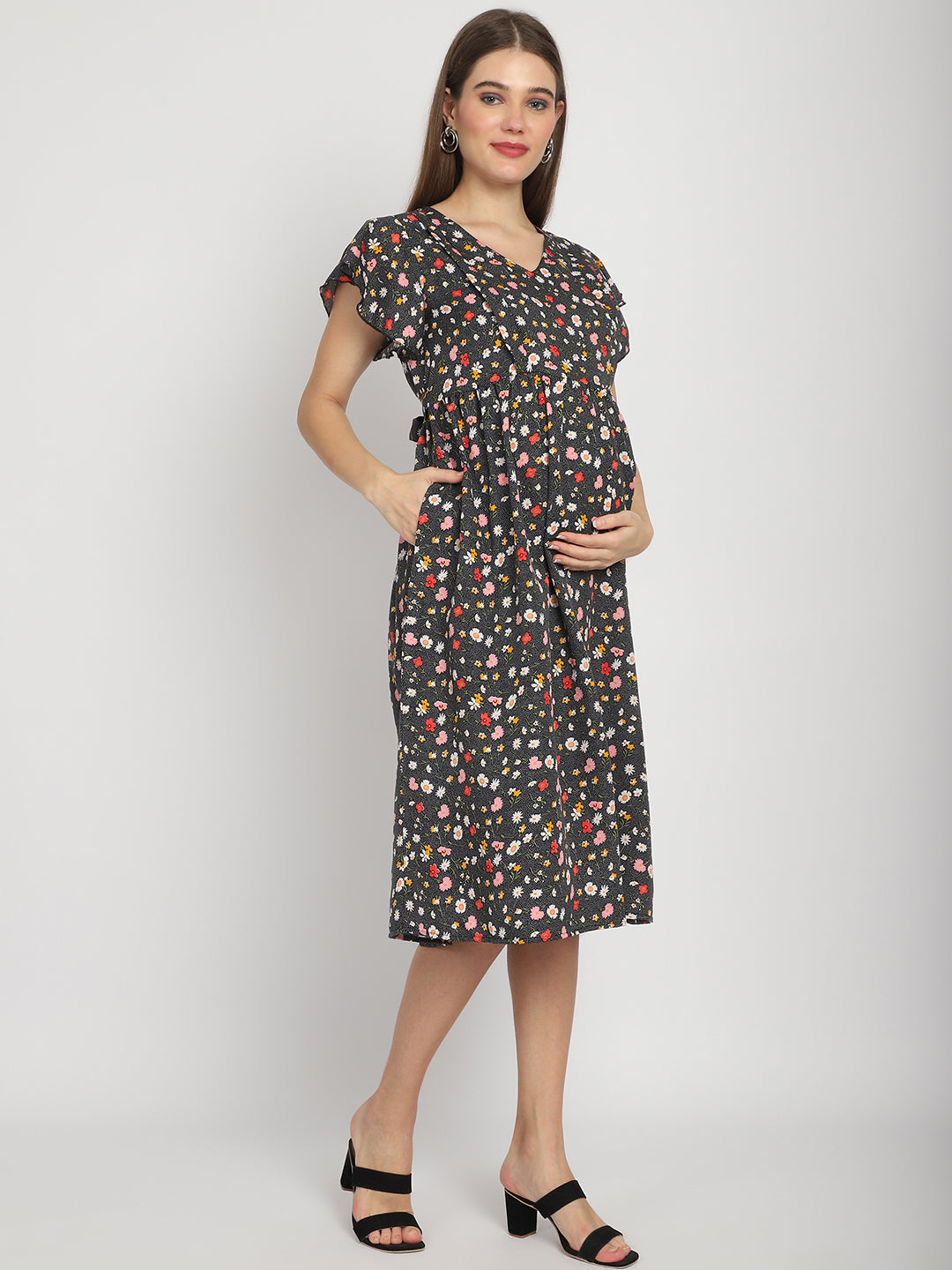 Grey Micro Printed Fit and Flare Maternity Midi Dress