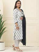 Black Floral Printed Pure Cotton Kurta With Trousers & Chiffon Dupatta