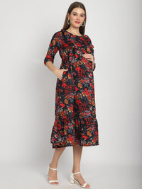 Black Abstract Printed Fit and Flare Maternity Midi Dress