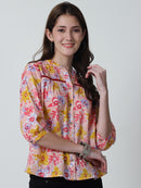 Peach Floral Printed Mandarin Collar Pure Cotton Top