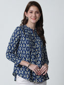 Navy Blue Abstract Printed Mandarin Collar Pure Cotton Top