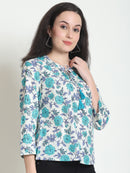 Turquoise Blue Floral Printed Tie-Up Neck Pure Cotton Top