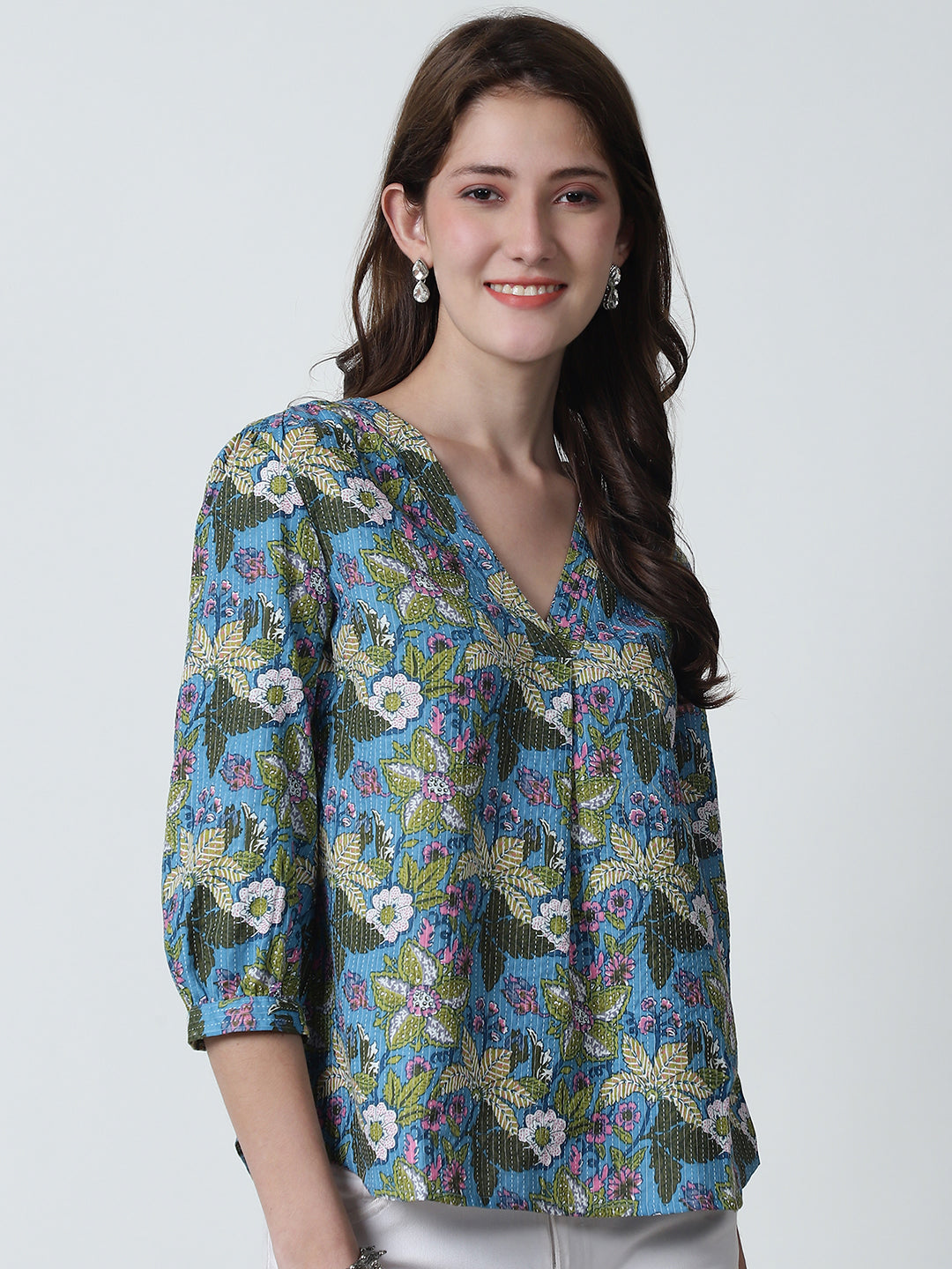 Blue Floral Printed V-Neck Pure Cotton Top