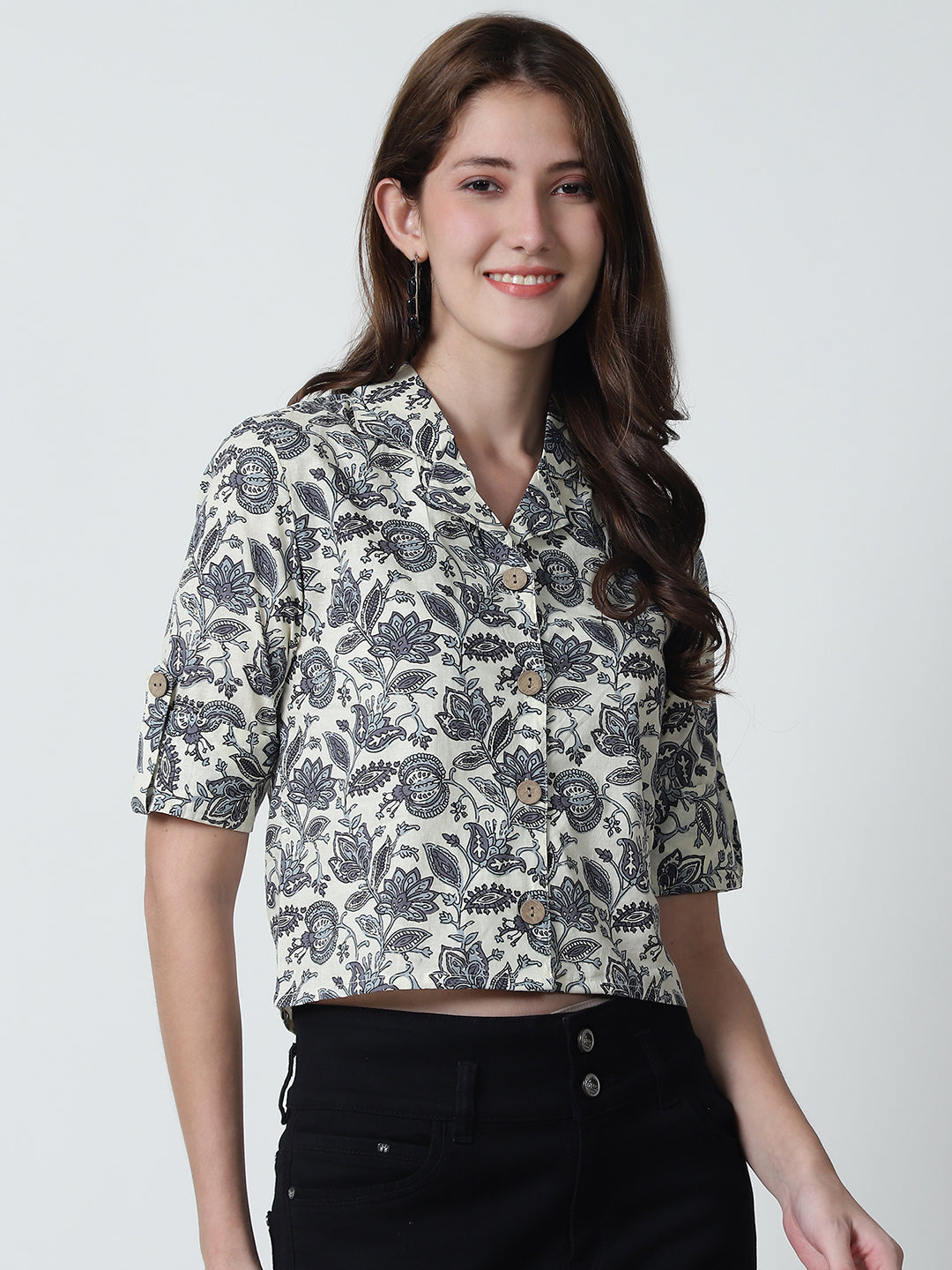 Cream Floral Printed Shirt Collar Pure Cotton Top