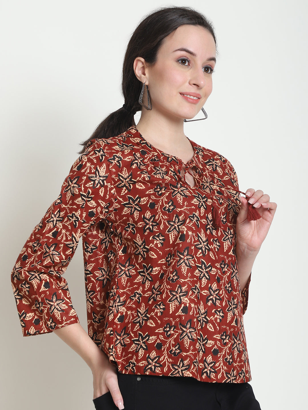 Brown Floral Printed Tie-Up Neck Pure Cotton Top