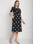 Black Polka-dot Printed Fit and Flare Maternity Midi Dress