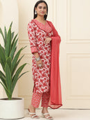 Maroon Floral Printed Pure Cotton Kurta With Trousers & Chiffon Dupatta