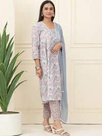 Multi Floral Printed Pure Cotton Kurta With Trousers & Chiffon Dupatta