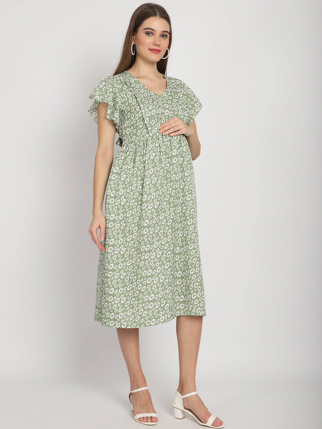 Green Micro Printed Fit and Flare Maternity Midi Dress