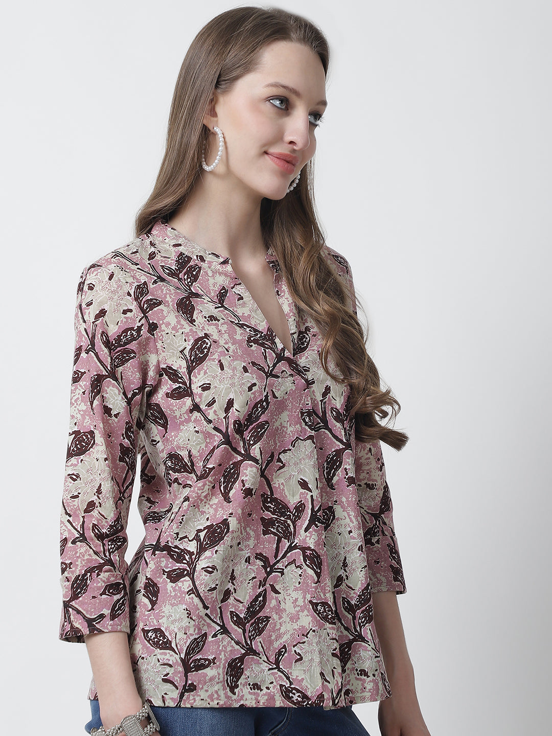 Rose Gold Floral Printed Mandarin Collar Pure Cotton Top