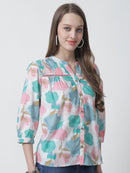 White & Pink Floral Printed Mandarin Collar Pure Cotton Top