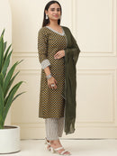 Green Floral Printed Pure Cotton Kurta With Trousers & Chiffon Dupatta