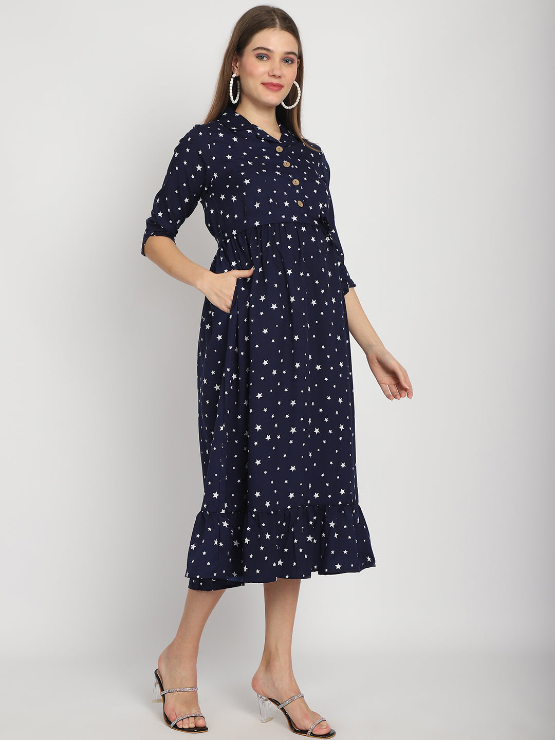 Navy Stars Printed Fit and Flare Maternity Maxi Dress