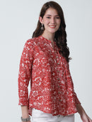 Red Floral Printed Mandarin Collar Pure Cotton Top