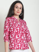 Pink Floral Printed Mandarin Collar Pure Cotton Top