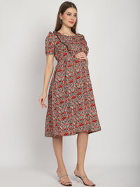 Red Abstract Printed Fit and Flare Maternity Midi Dress