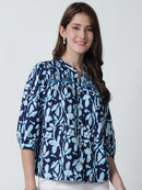 Navy Blue Floral Printed Mandarin Collar Pure Cotton Top