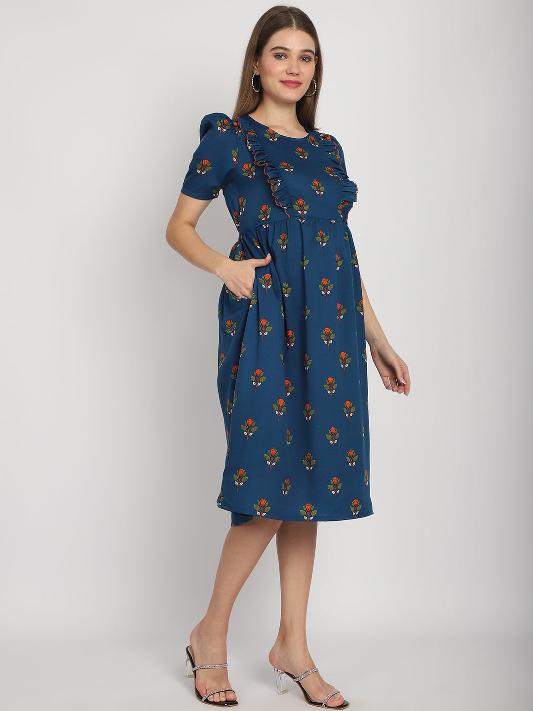 Teal Abstract Printed Fit and Flare Maternity Midi Dress