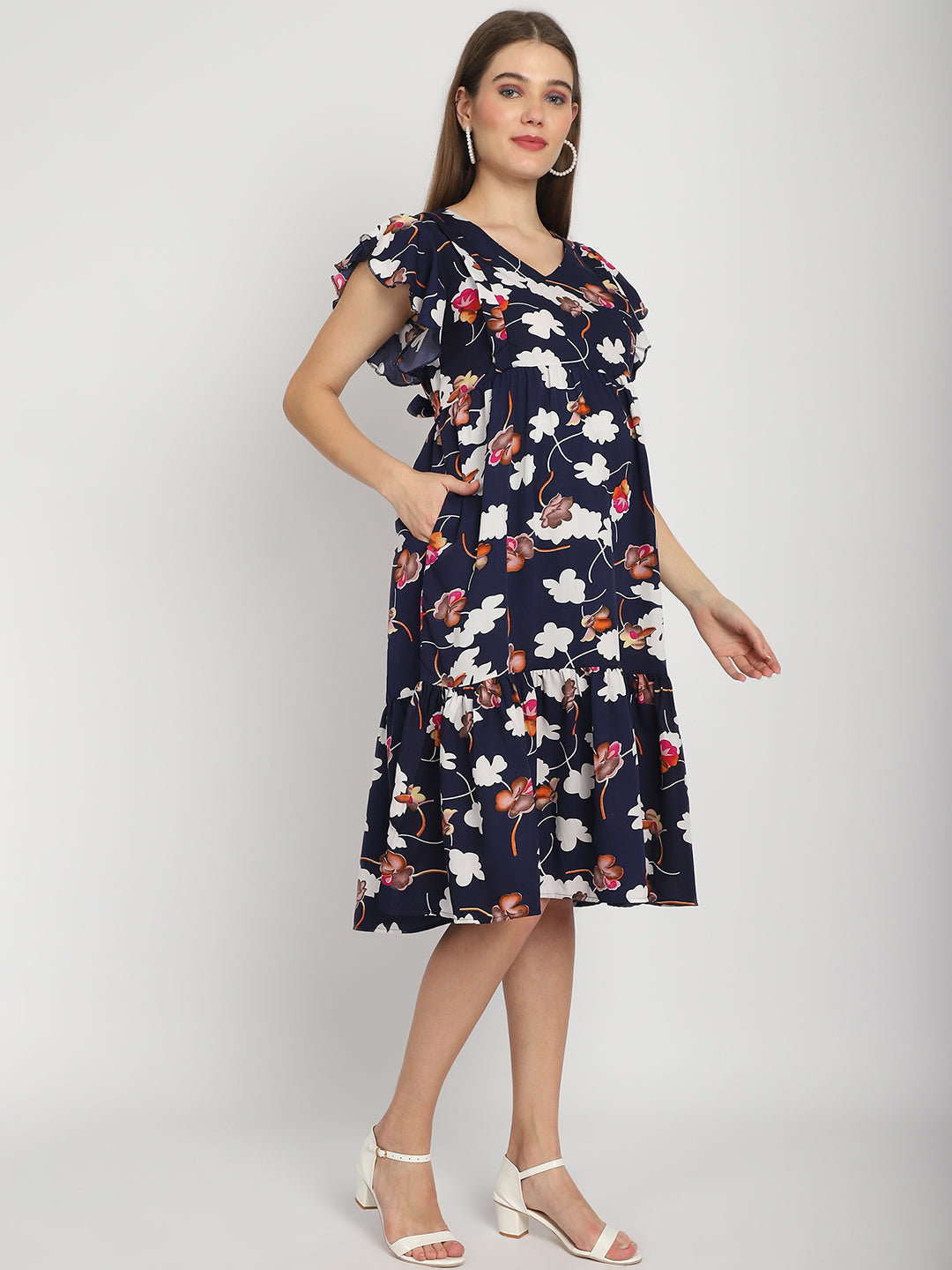 Navy Abstract Printed Fit and Flare Maternity Midi Dress