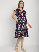 Navy Abstract Printed Fit and Flare Maternity Midi Dress