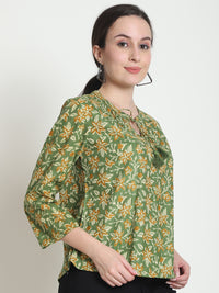 Olive Floral Printed Tie-Up Neck Pure Cotton Top