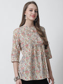 Red Floral Printed Mandarin Collar Pure Cotton Top