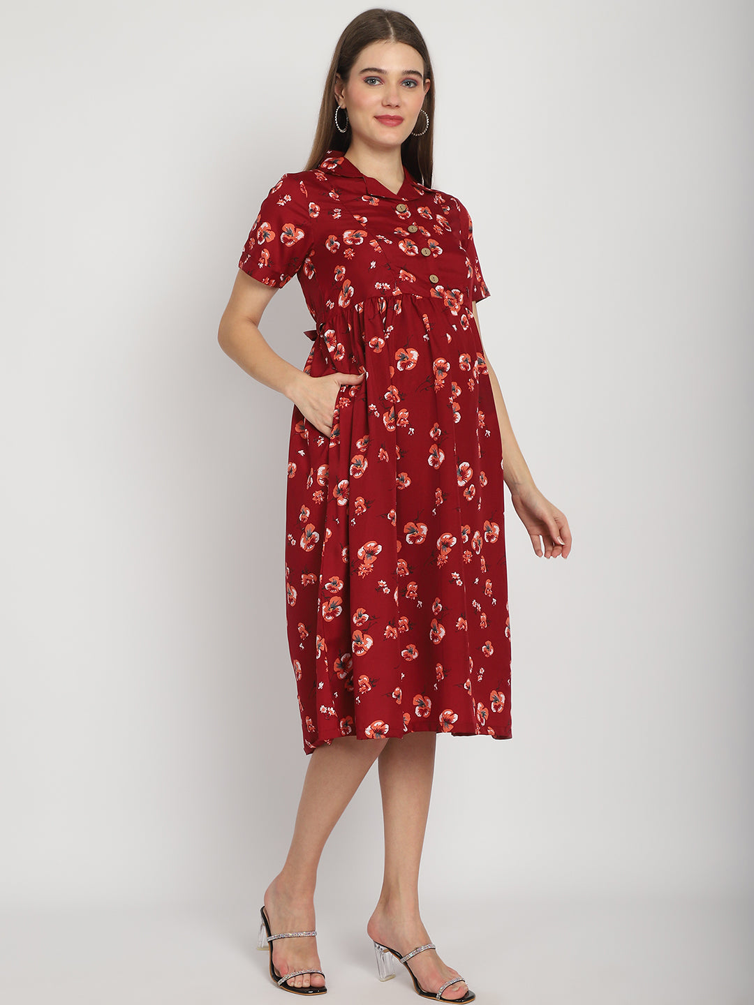 Maroon Floral Printed Fit and Flare Maternity Midi Dress